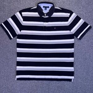 Tommy Hilfiger Polo Shirt Mens XL Black White Striped Classic Casual Preppy Golf